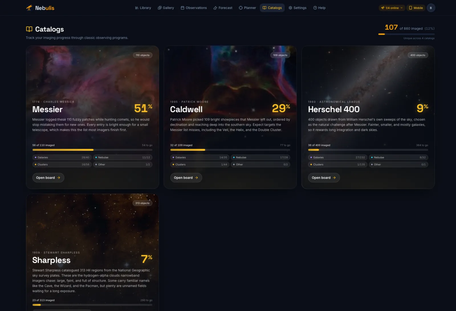 Nebulis catalog progress boards