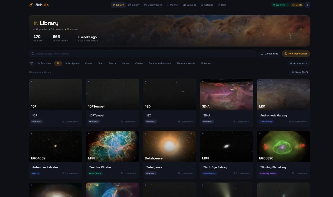 The Nebulis Library view, showing imported objects as a grid of thumbnails with names and observation counts.