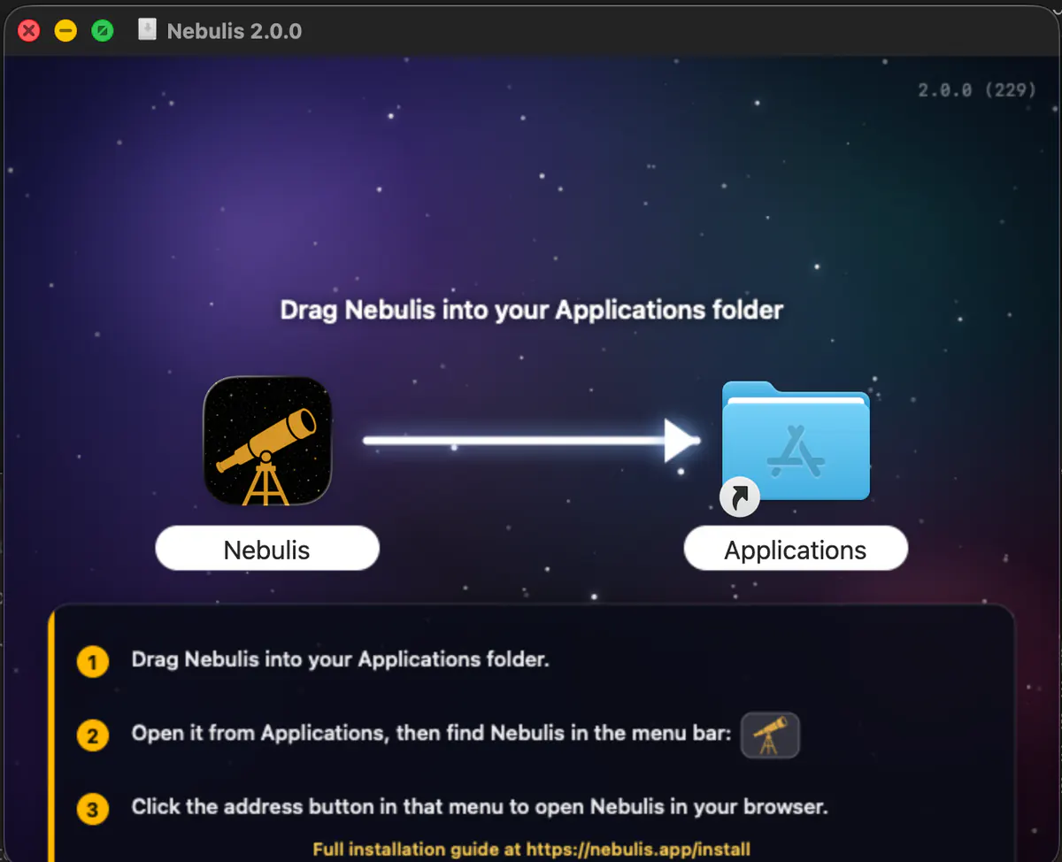 Dragging the Nebulis icon onto the Applications folder shortcut inside the disk image window.
