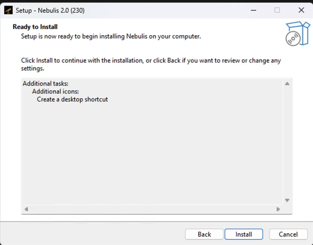 The Ready to Install page of the Nebulis setup wizard, listing the additional tasks summary with the Install button ready to click.