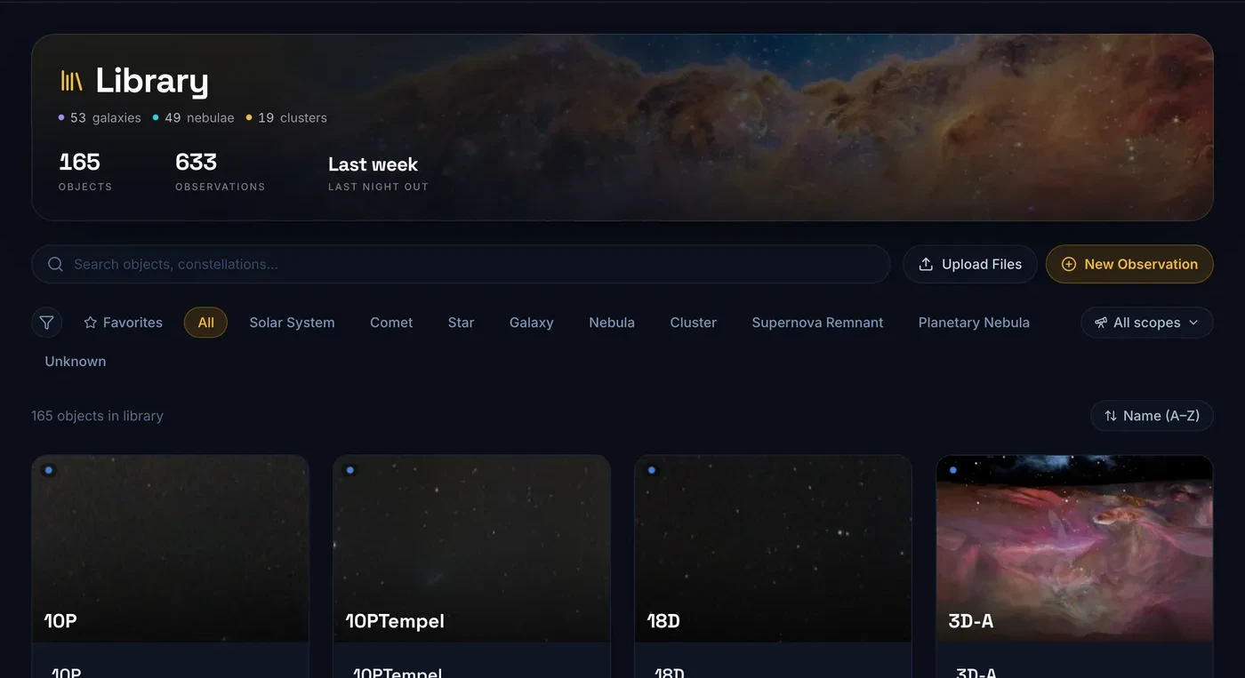 Nebulis library page: a grid of deep-sky object thumbnails with counts of galaxies, nebulae, and clusters