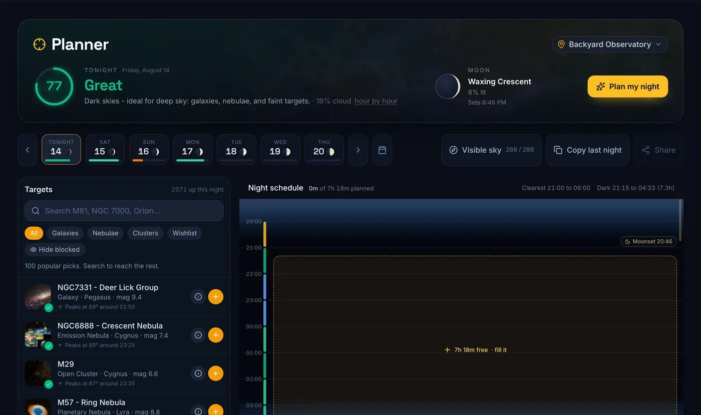Nebulis planner page, showing tonight's visibility score, moon phase, and a night schedule timeline